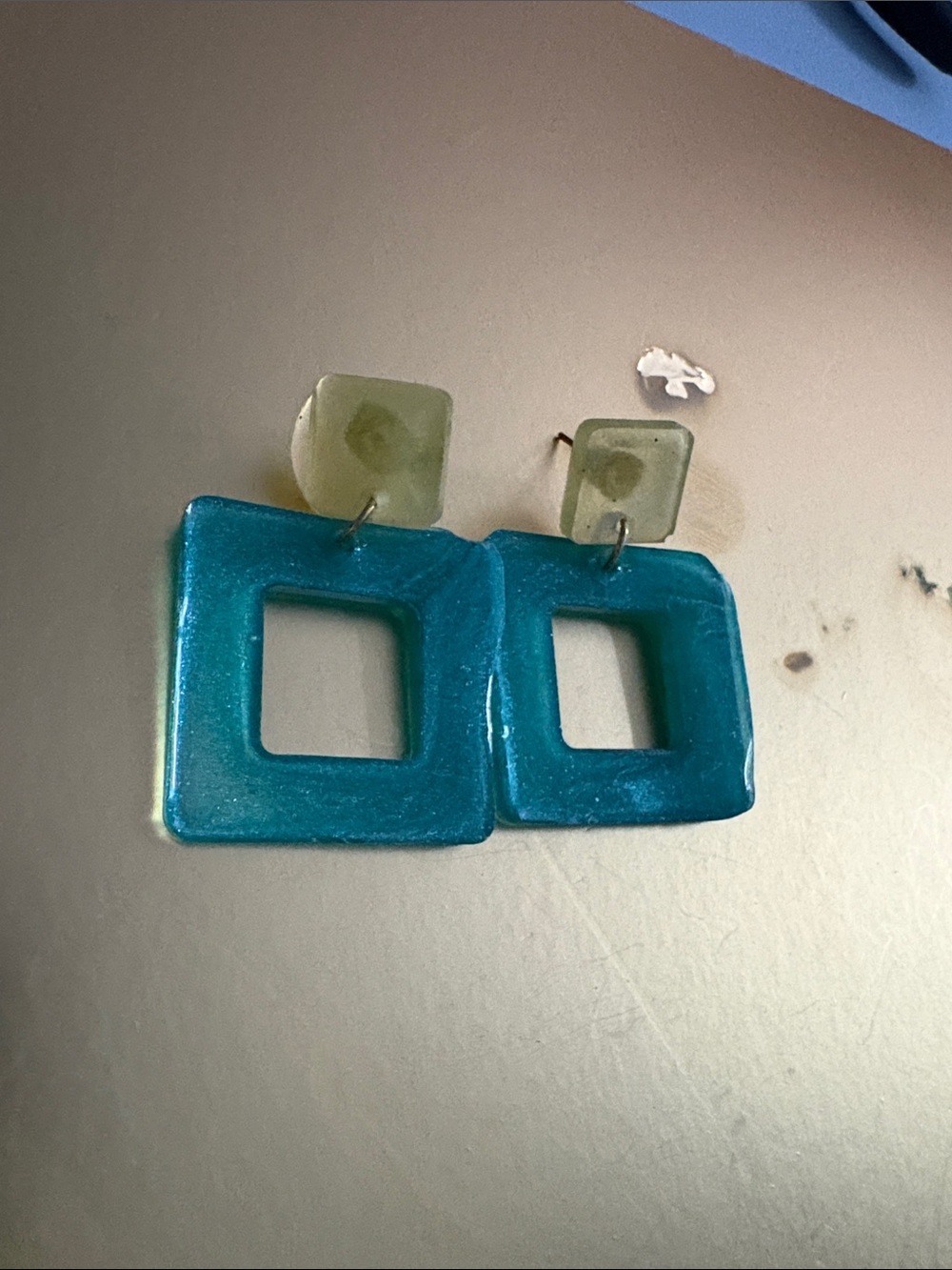 Emmy’s Creations Hand Crafted Teal and Light Green Geometric Drop Earrings